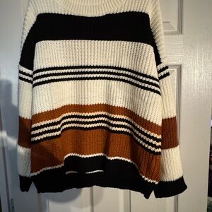 Zesica Women’s Boat Neck Striped Oversized Black, White, & Brown Sweater